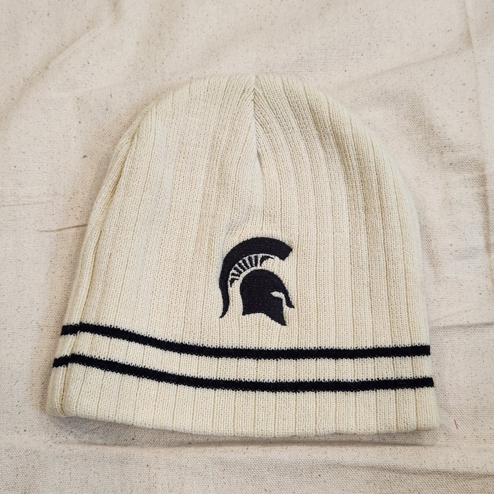 HitWear Michigan State Spartans Beanie Hat Off White Cream Striped Embroidered